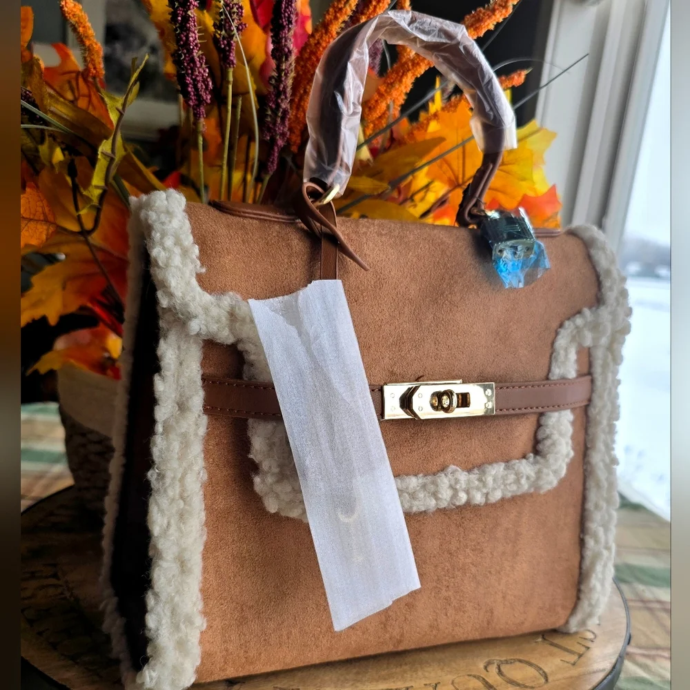 Badgley Mischka Vegan Leather Suede And Shearling Top Handle Cross Body Bag NWT - Picture 10 of 10